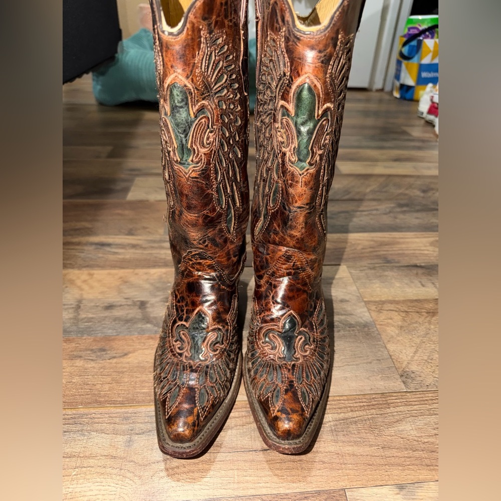 Women's Brown Leather Embroidered Heeled Western Boots with Green Insets